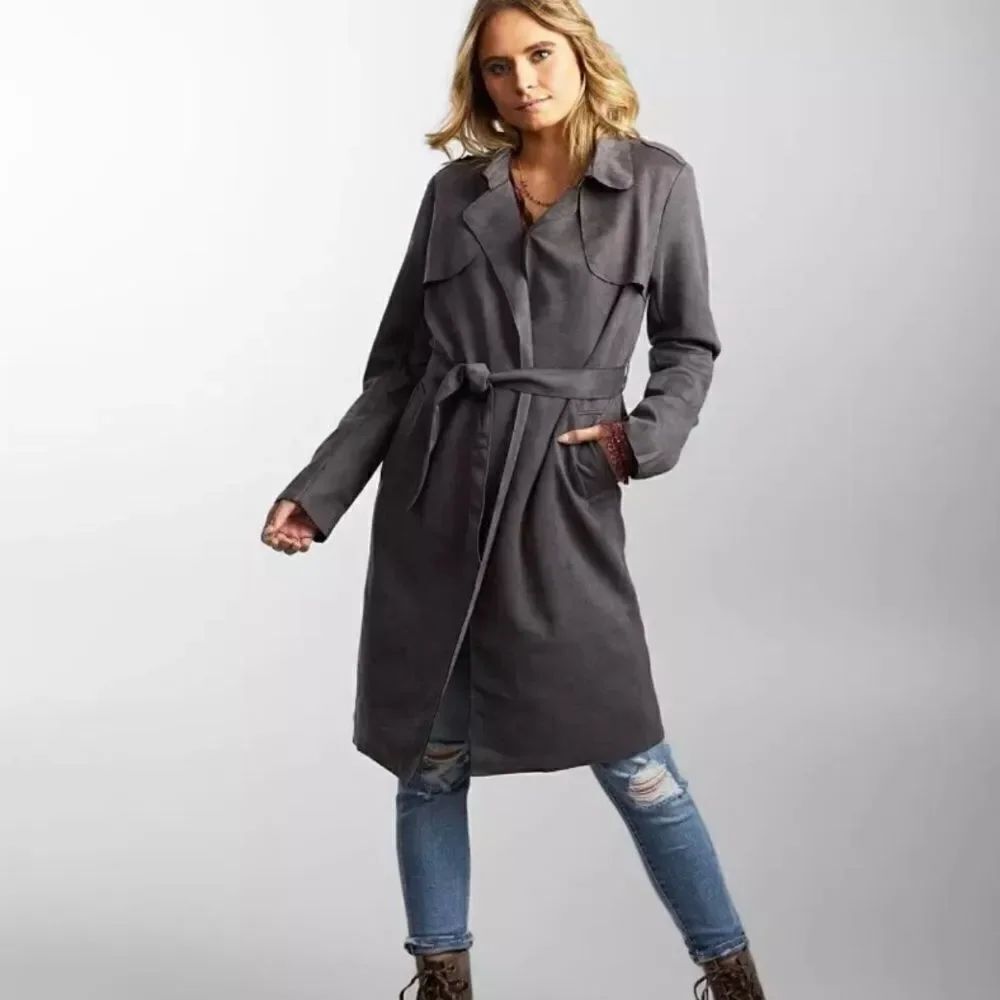 Hyfve Grey Asymmetric Zip Tie Waist Trench Jacket Size Small